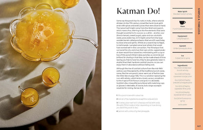 sample pages from Cocktail Diaries book with cocktail in floral glass on a white plate with text on the right side.
