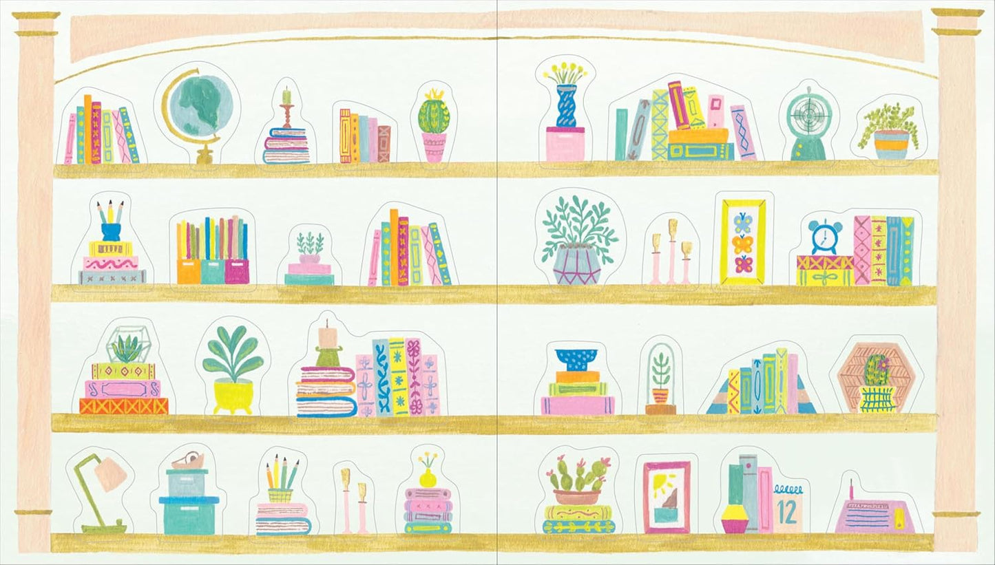 A whimsical illustrated bookshelf scene of stickers with multiple shelves filled with colorful books, potted plants, vases, a globe, a lamp, and small decorative objects, rendered in a pastel, hand-drawn style.