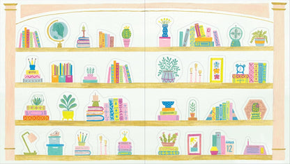 A whimsical illustrated bookshelf scene of stickers with multiple shelves filled with colorful books, potted plants, vases, a globe, a lamp, and small decorative objects, rendered in a pastel, hand-drawn style.