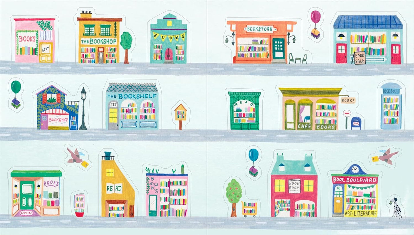  stickers with illustrations of colorful bookstores and related items on a white background