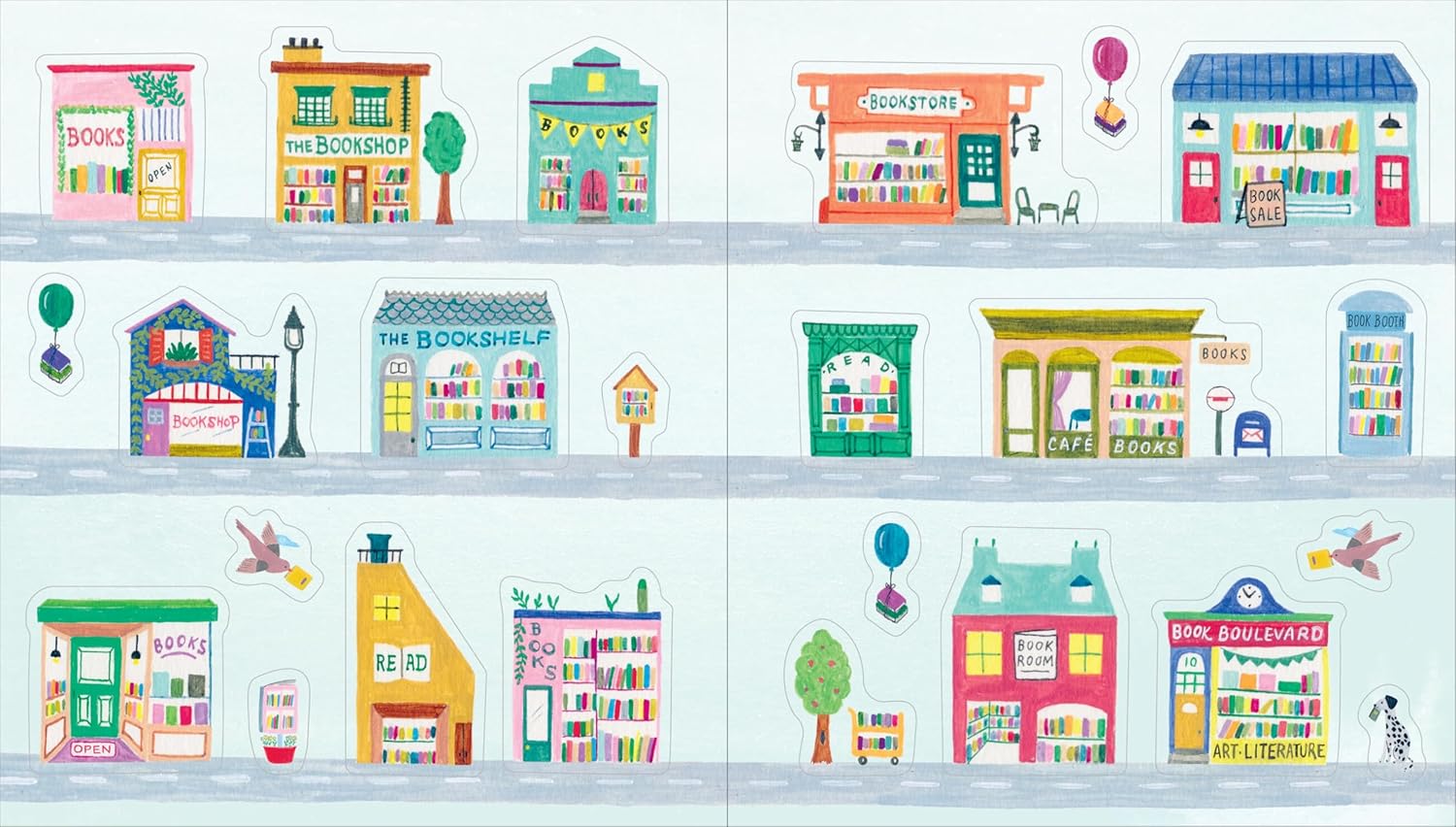  stickers with illustrations of colorful bookstores and related items on a white background