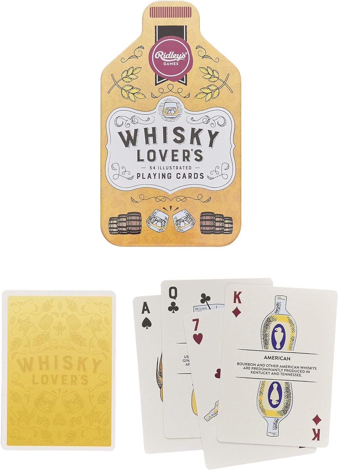 top view of whiskey lovers tin and cards.