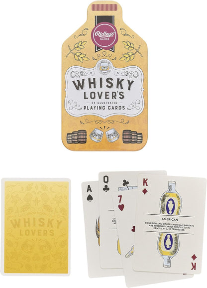 top view of whiskey lovers tin and cards.