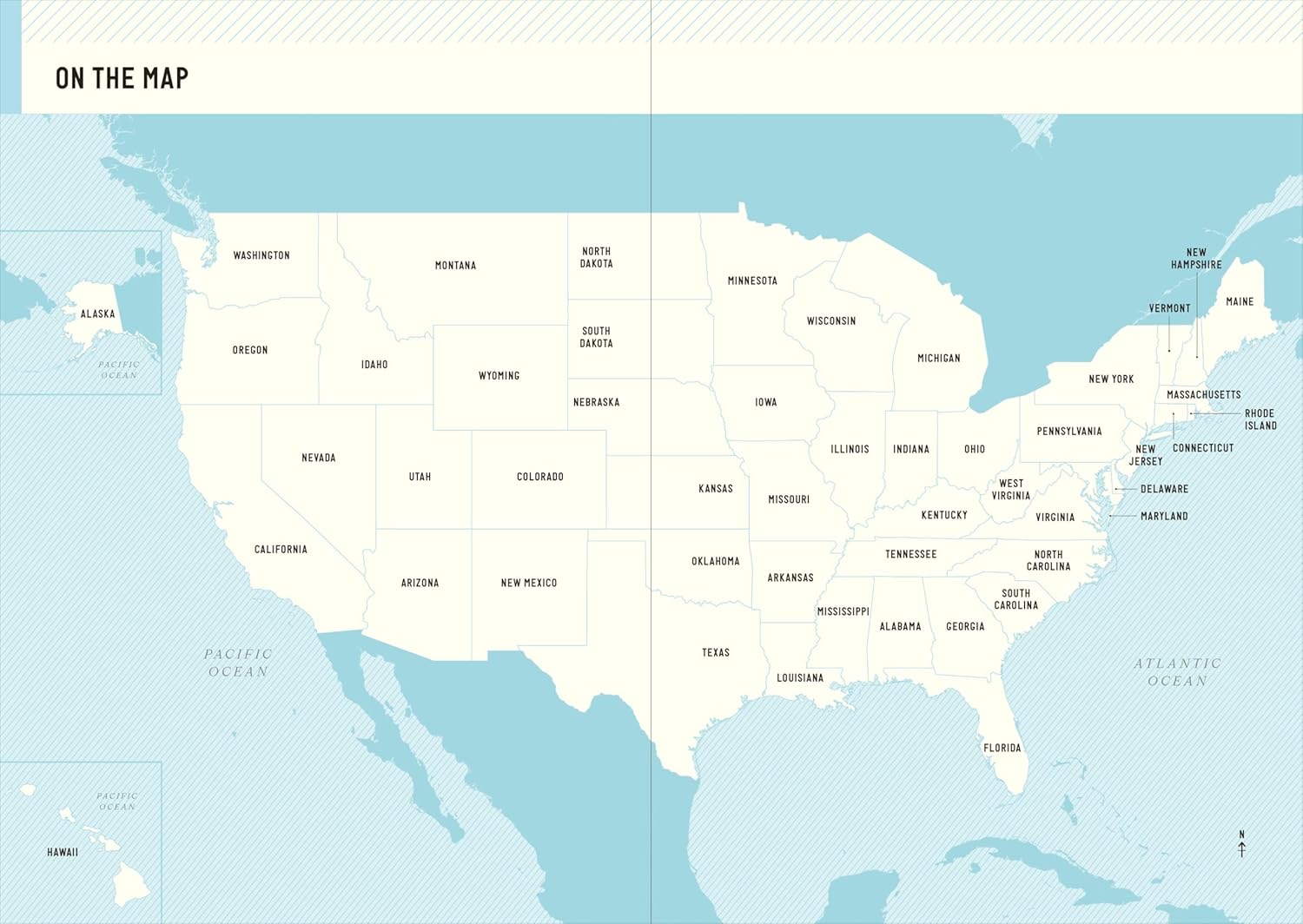 pages of book showing Map of the United States with state names on a blue background