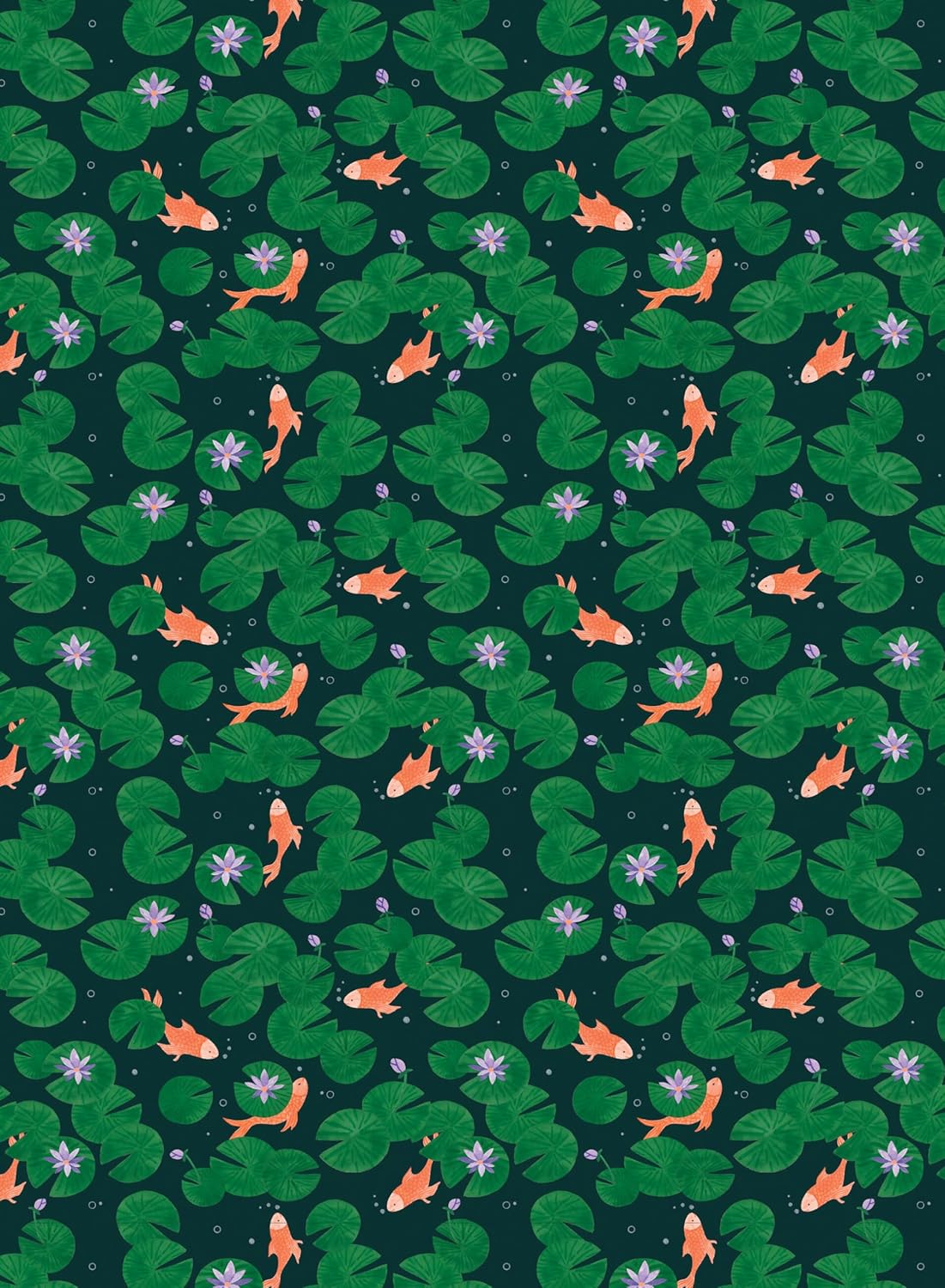 wrapping paper with Pattern of goldfish and lily pads on a green background