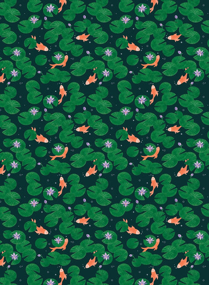wrapping paper with Pattern of goldfish and lily pads on a green background