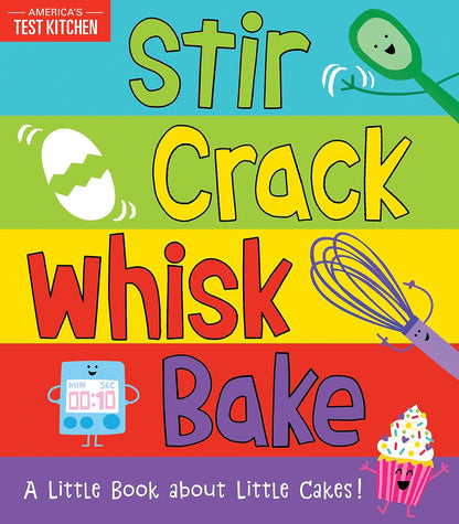 Children's book cover with colorful text and kitchen utensil illustrations on a blue background.