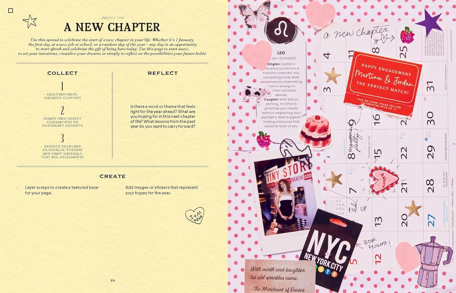 Two pages from junk journal book with decorative elements and text.