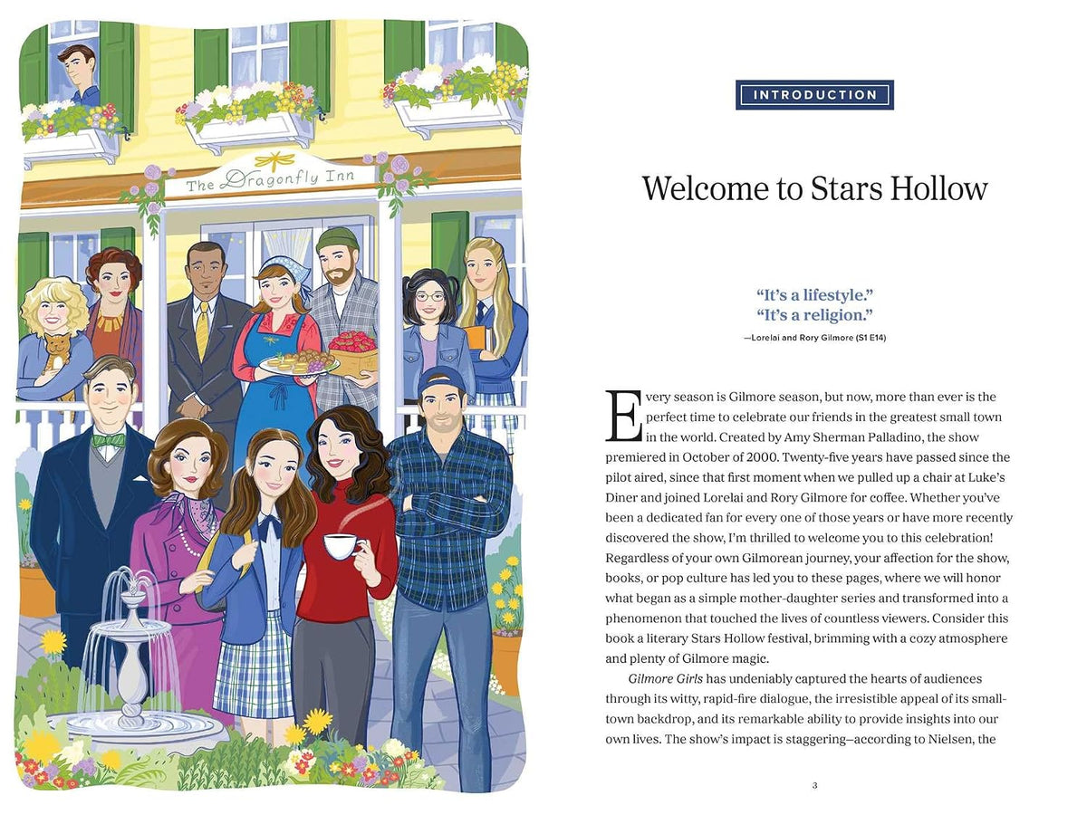 A printed book spread with a colorful illustrated scene on the left and title 'Welcome to Stars Hollow' on the right. The illustration shows a group of people gathered outside a yellow building with flowers and a storefront labeled 'The Butterfly Inn.