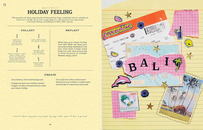 pages from book with Illustrated travel-themed page with 'Paradise' and 'Bali' text, surrounded by decorative elements on a yellow background.