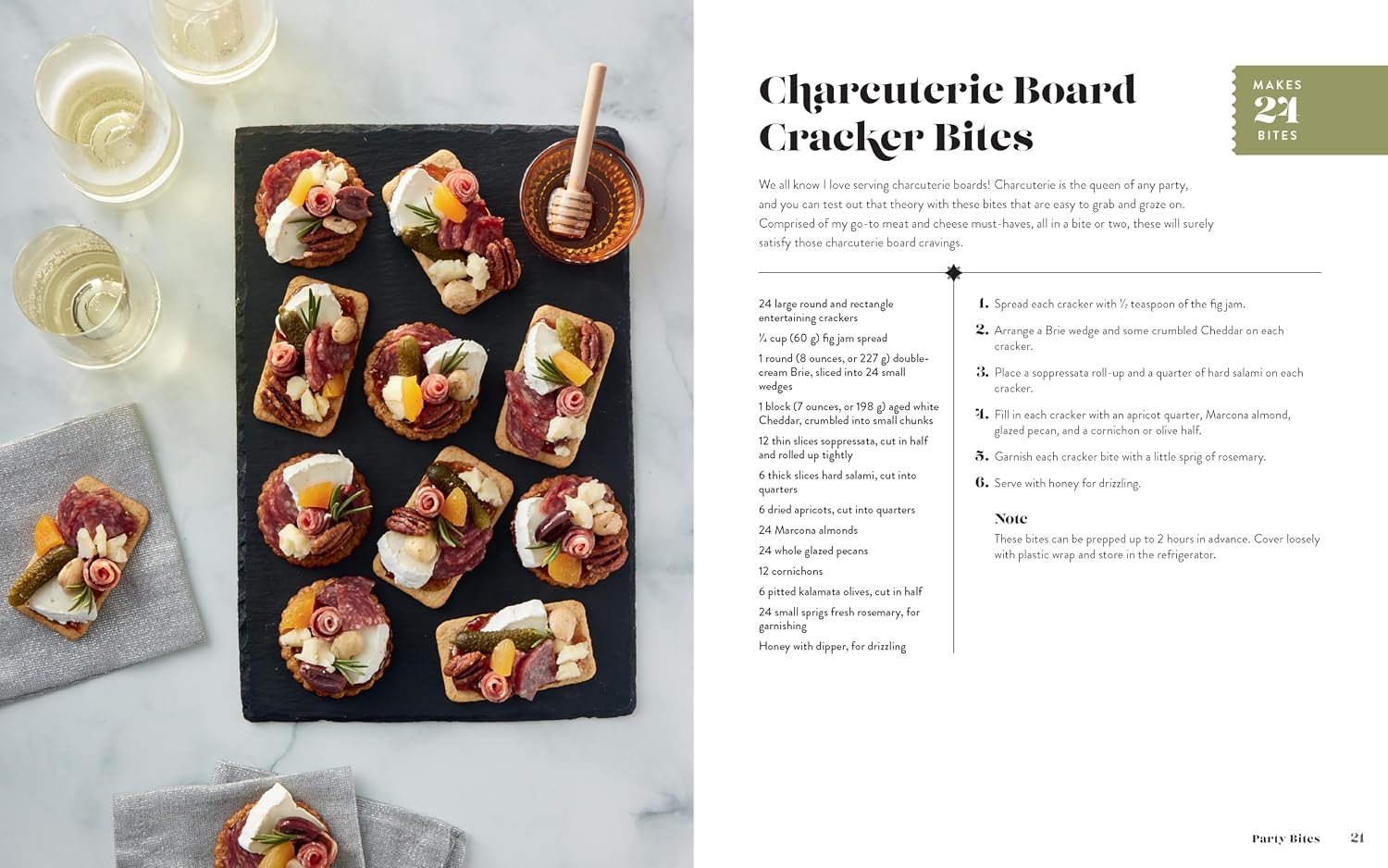 image of Charcuterie board with cracker bites and a recipe on book page