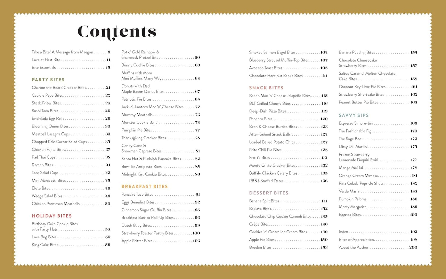 contents page from brilliant bites book, showing a gold border and black text listing chapters and bite-size recipe sections such as party bites, holiday bites, breakfast bites, snacks, savvy bites, dessert bites, and about the author.