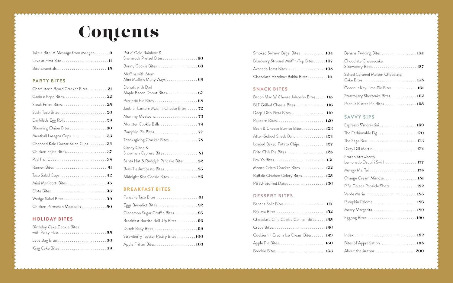 contents page from brilliant bites book, showing a gold border and black text listing chapters and bite-size recipe sections such as party bites, holiday bites, breakfast bites, snacks, savvy bites, dessert bites, and about the author.