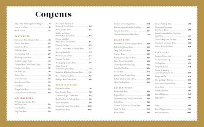 contents page from brilliant bites book, showing a gold border and black text listing chapters and bite-size recipe sections such as party bites, holiday bites, breakfast bites, snacks, savvy bites, dessert bites, and about the author.