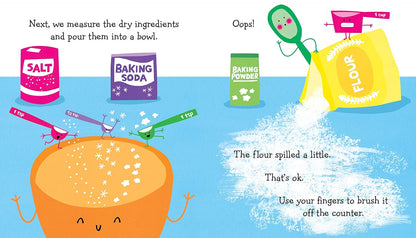Illustration of baking ingredients and a bowl with text on a blue background