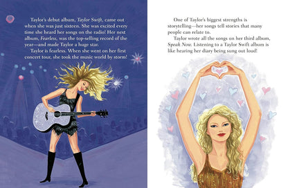 inside pages of Taylor Swift: A Little Golden Book Biography showing her on stage.