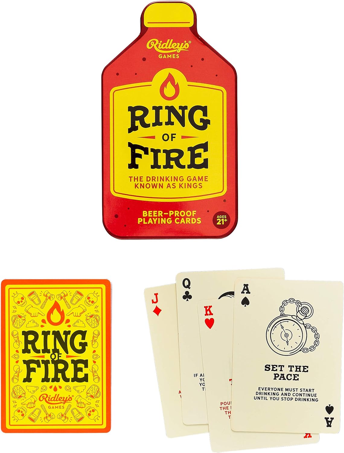 top view of tin and cards from ring of fire game.