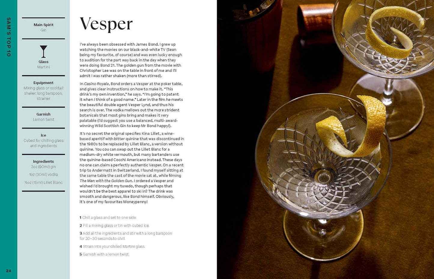 sample pages from Cocktail Diaries book with Cocktail recipe for 'Vesper' with image of two cocktail glasses and lemon twists on a wooden surface.