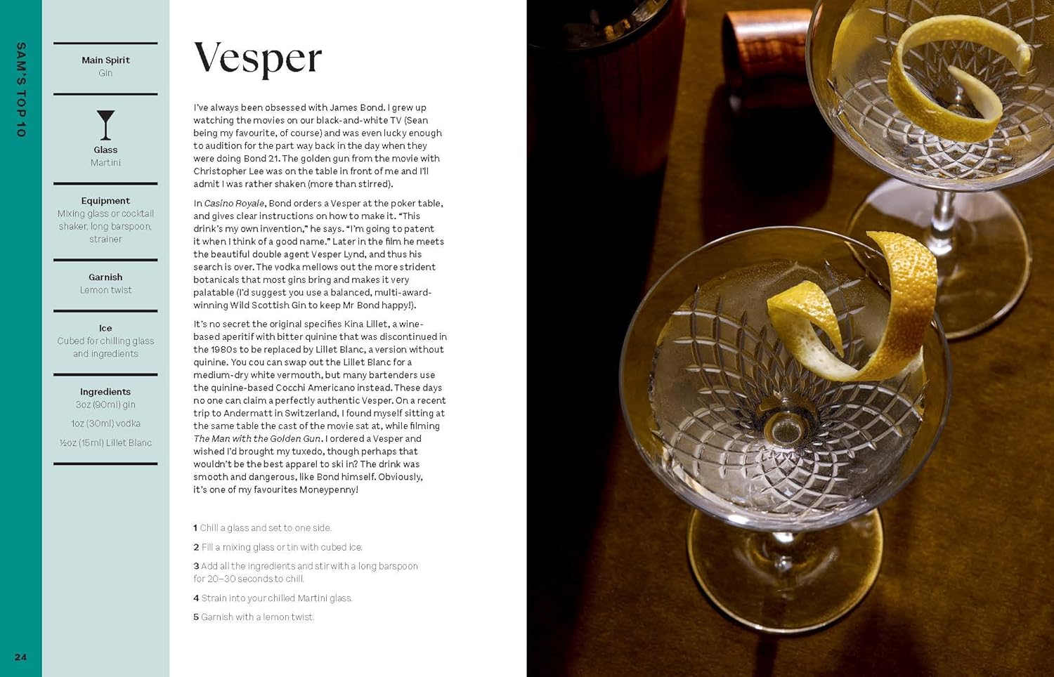 sample pages from Cocktail Diaries book with Cocktail recipe for 'Vesper' with image of two cocktail glasses and lemon twists on a wooden surface.