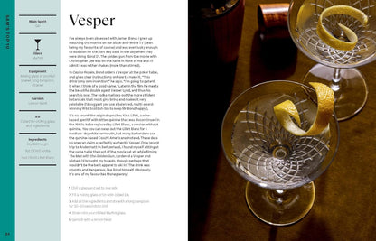 sample pages from Cocktail Diaries book with Cocktail recipe for 'Vesper' with image of two cocktail glasses and lemon twists on a wooden surface.