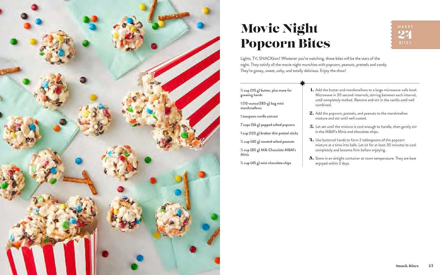 A two-page recipe spread for 'Movie Night Popcorn Bites'. The left page features a styled flat-lay of prepared popcorn balls with sprinkles, pretzels, and a red-and-white striped popcorn bucket on a mint background, alongside the ingredients and instructions on the right page.