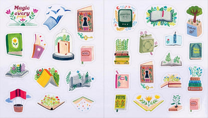 A sheet of die-cut stickers featuring whimsical book and reading-themed illustrations, including open books with plants, a cloche, a tree in a pot, and decorative text stickers on a white background.