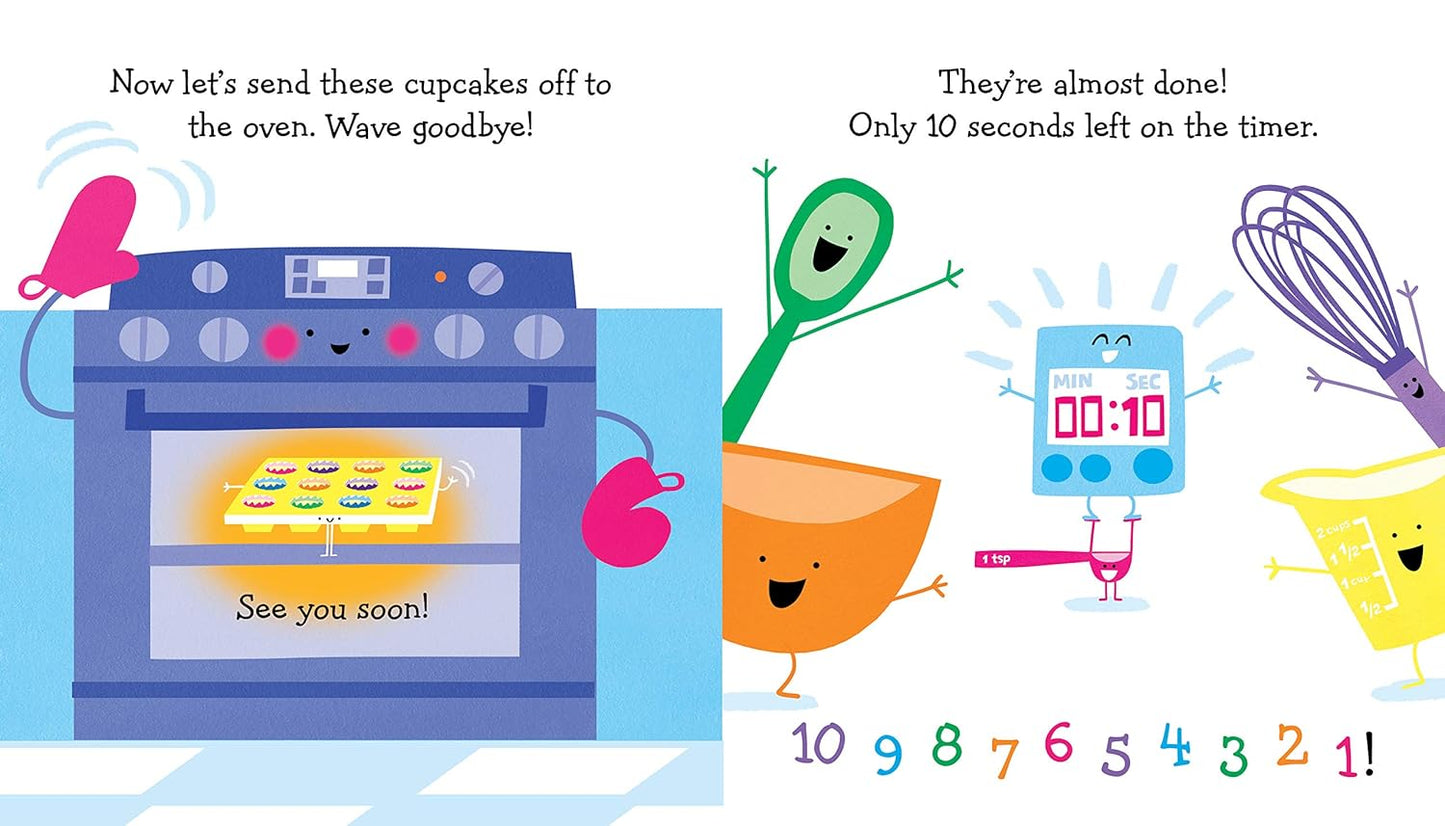 Illustration of kitchen appliances and utensils with a countdown timer, oven, and colorful characters.