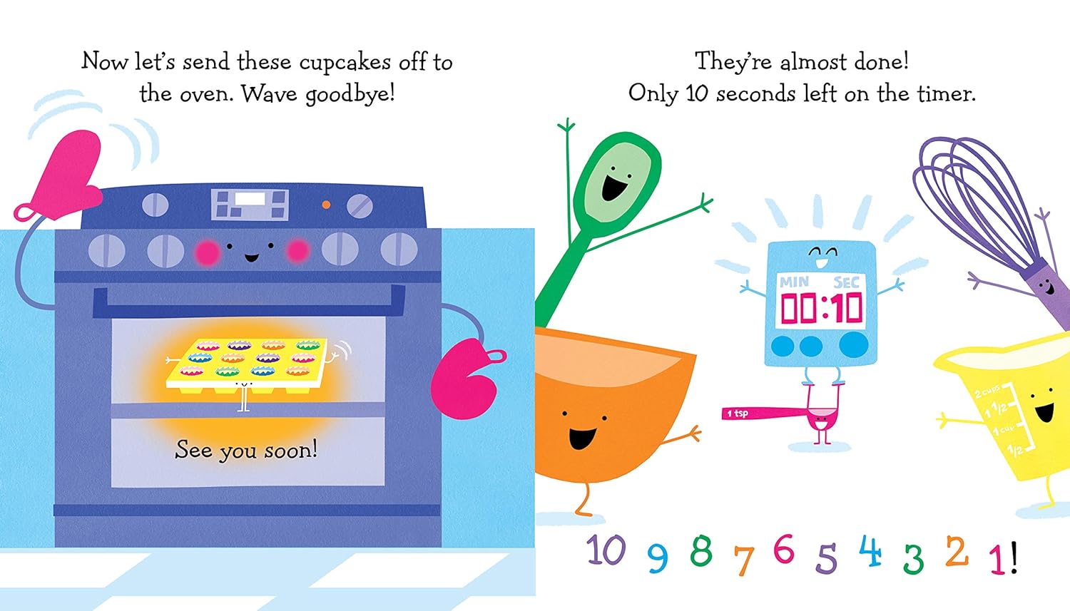 Illustration of kitchen appliances and utensils with a countdown timer, oven, and colorful characters.
