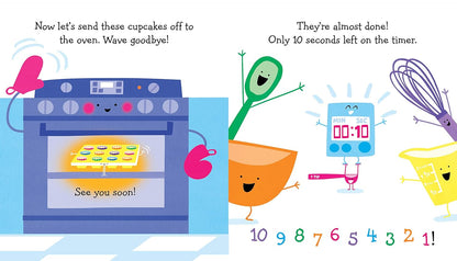 Illustration of kitchen appliances and utensils with a countdown timer, oven, and colorful characters.