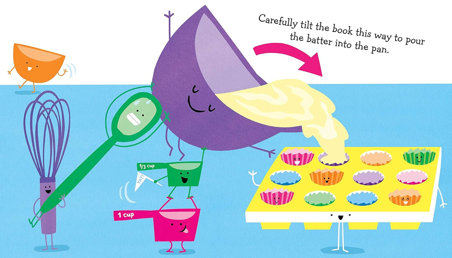 Illustration of baking characters with a purple bowl, green spatula, and colorful cupcake pan.