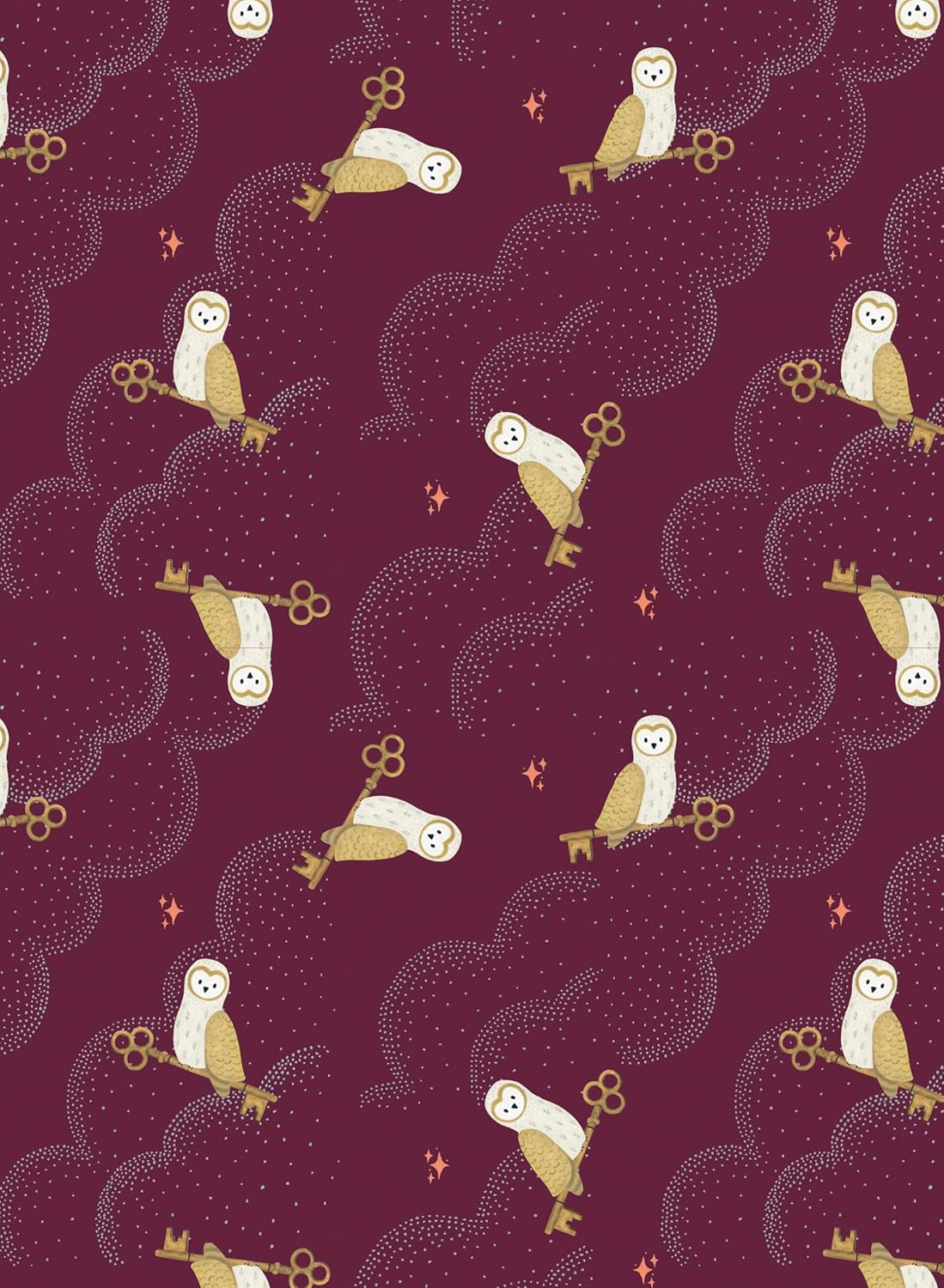 Pattern of owls and clouds on a dark maroon background