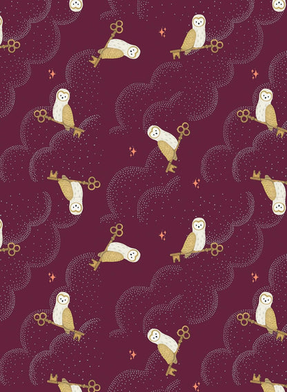 Pattern of owls and clouds on a dark maroon background