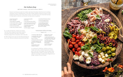 open book with image of Assorted Italian meats, cheeses, and vegetables on a wooden board with text on the left side.