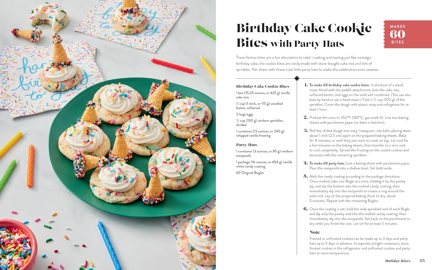 A printed recipe spread showing birthday cake cookie bites with party hats. The left page features styled cookies topped with colorful sprinkles and cone-shaped decorations, along with party hats and icing on a plate.
