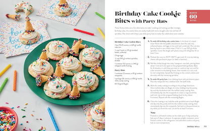 A printed recipe spread showing birthday cake cookie bites with party hats. The left page features styled cookies topped with colorful sprinkles and cone-shaped decorations, along with party hats and icing on a plate.