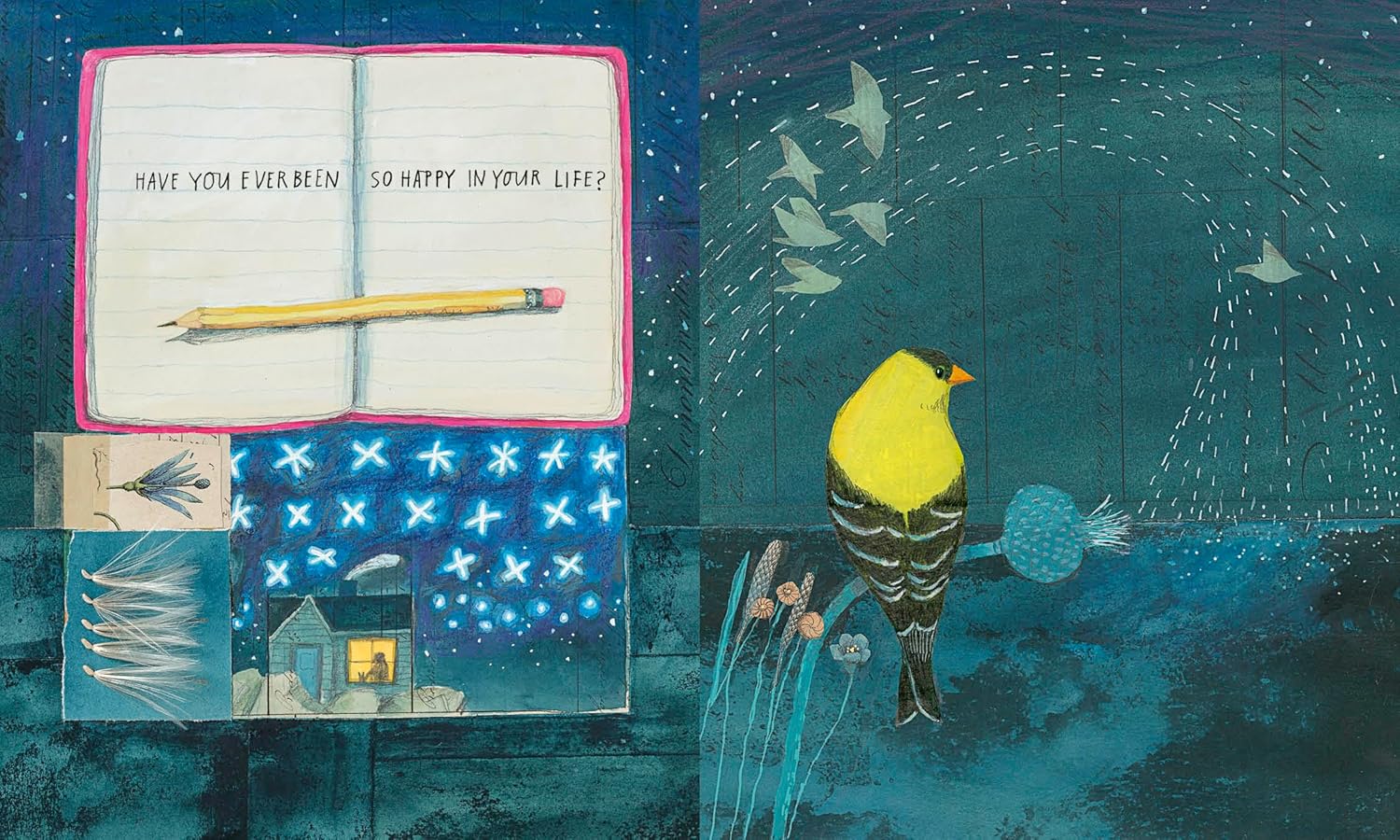 Illustration of a book with a pencil, a bird, and starry night sky.