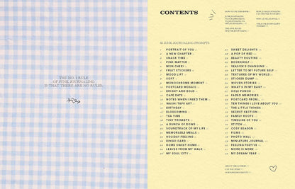 Contents page of a journal with a blue and white checkered pattern on the left and text on the right.