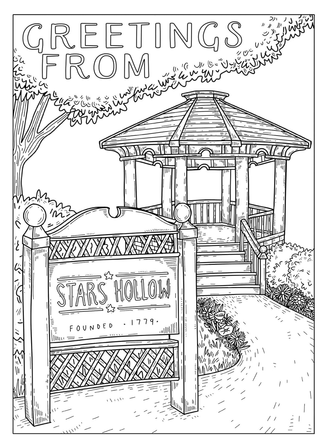 Illustration of a gazebo with 'Stars Hollow' sign, surrounded by trees and bushes.