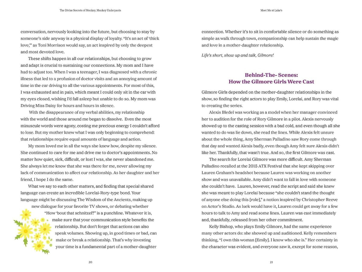 A printed page from a book with two columns of black text on a white background, titled 'Behind the Scenes: How the Gilmore Girls Were Cast' at the top right.