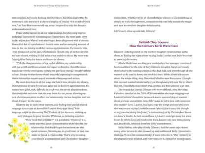 A printed page from a book with two columns of black text on a white background, titled 'Behind the Scenes: How the Gilmore Girls Were Cast' at the top right.