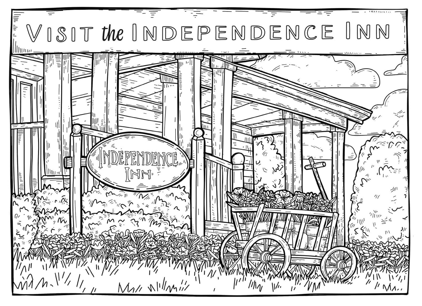 Illustration of the Independence Inn with a cart and sign, black and white.