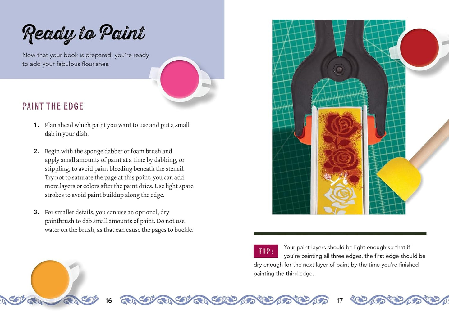 Instructions for painting edges on a book with tools and paint.