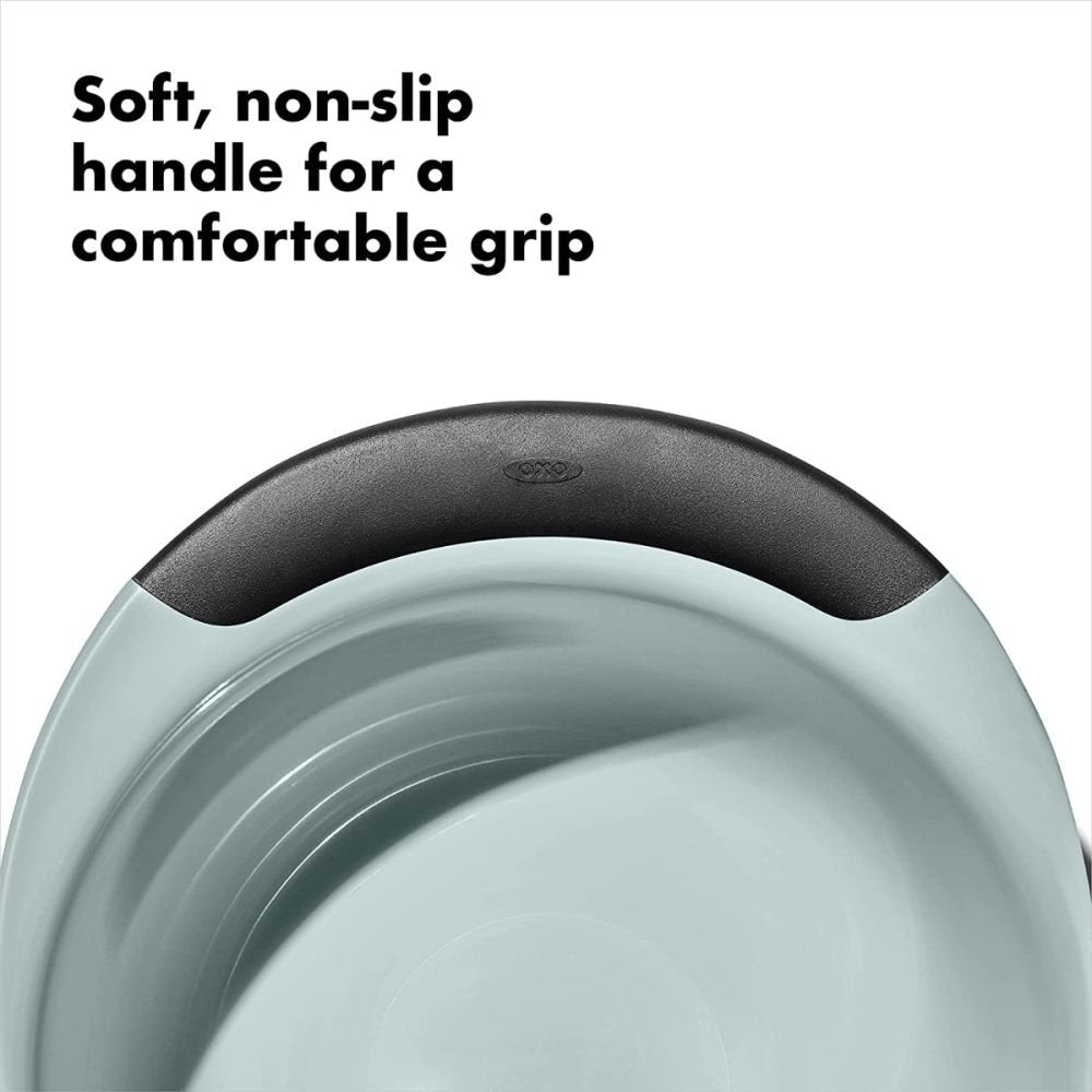 close-up of bowl handle with text "soft, non-slip handle for a comfortable grip".