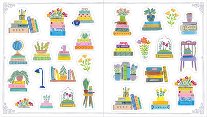 A sheet of die-cut stickers featuring colorful illustrations of books, flowers, plants, a lamp, a globe, and a chair, arranged in two columns on a white background.