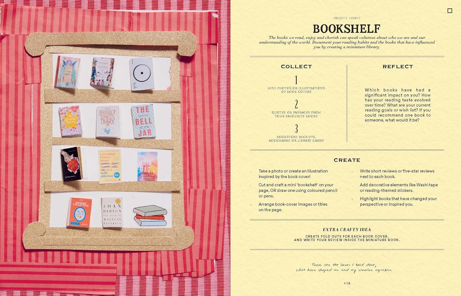 pages from book with  book covers on a pink background, accompanied by text instructions.