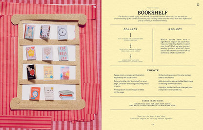 pages from book with  book covers on a pink background, accompanied by text instructions.