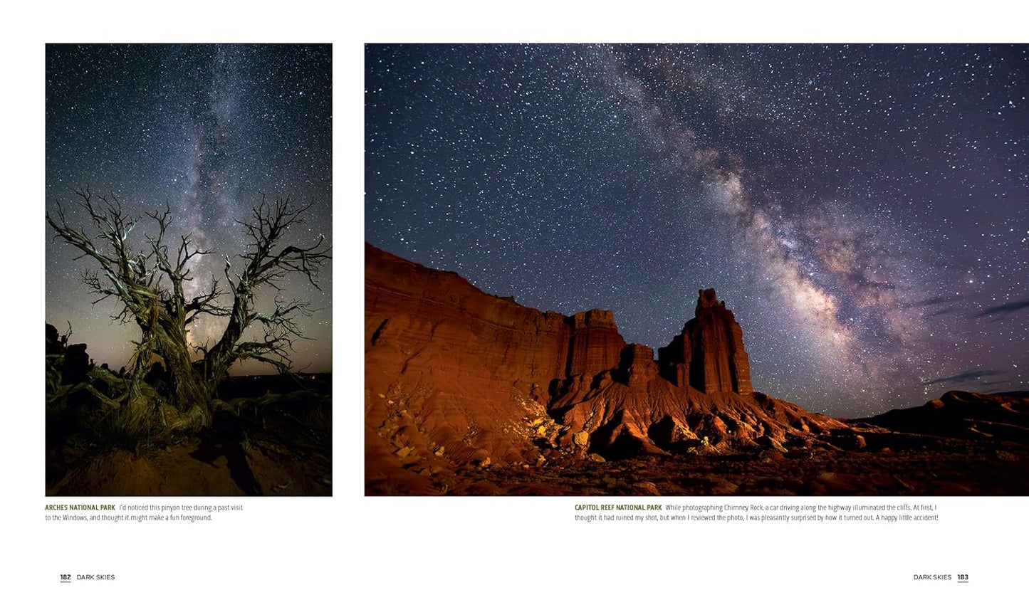 sample pages from Park Lands book with Two images of a desert landscape under a starry sky with the Milky Way.