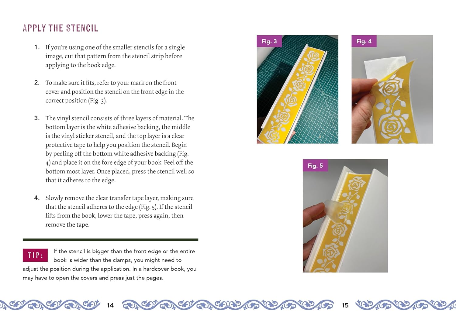 Instructions on applying a stencil to a book with images and text.