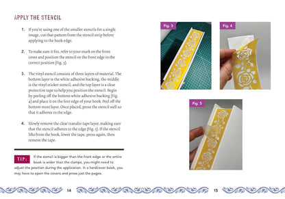 Instructions on applying a stencil to a book with images and text.