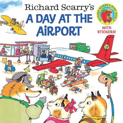 front cover of a day at the airport with illustration of characters, an airplane, and jet way.